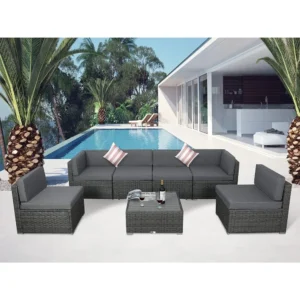 PE Rattan Wicker Modular L Shape Sofa Set with Coffee Table, and Two Pillows, 7 Piece Outdoor Patio Furniture Set with Cushions